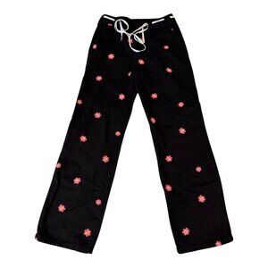 Forever 21 Black Wide Leg Pants S | Y2K Floral Embroidered Low Rise Trousers